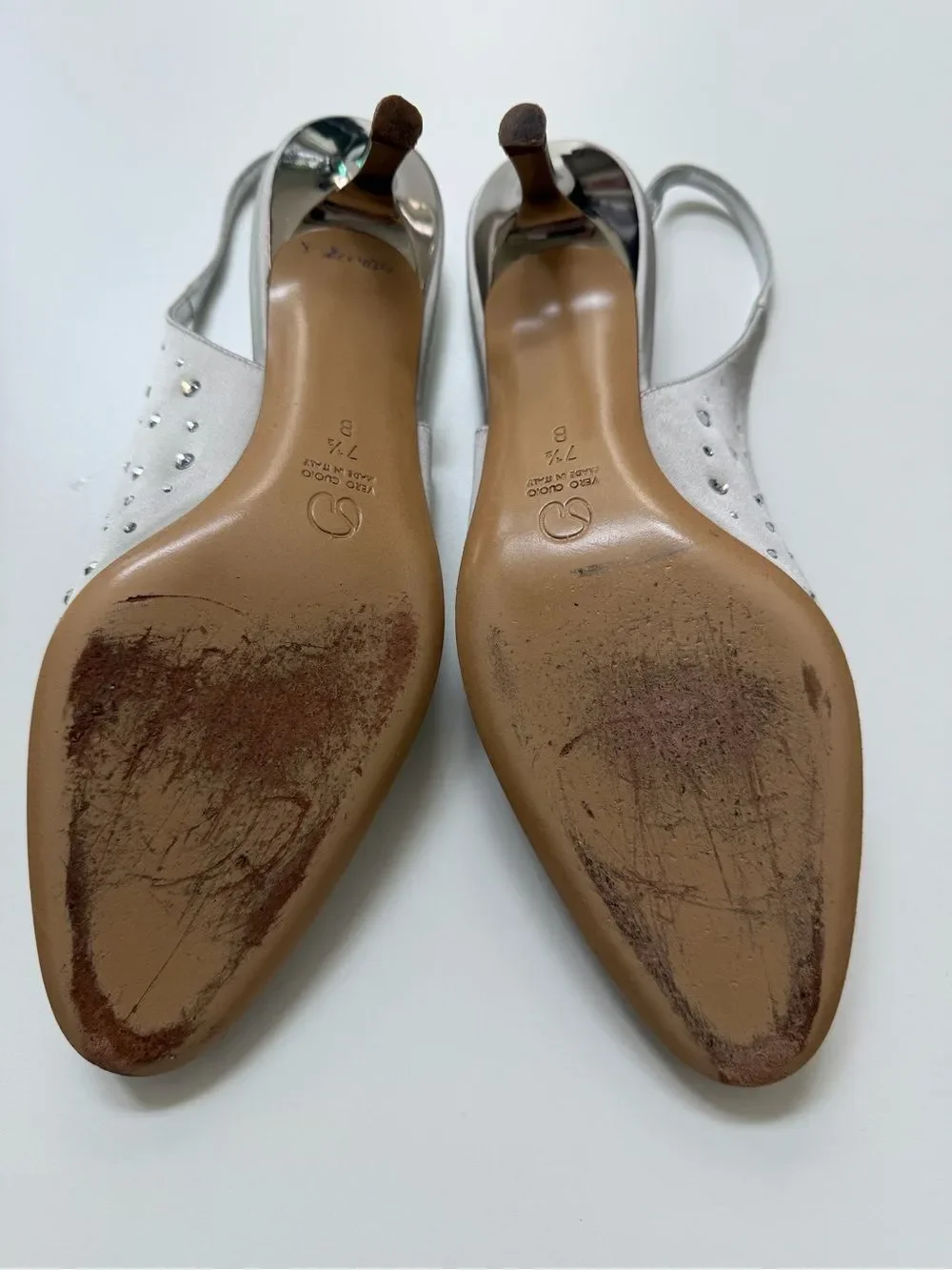 St. John Silver Crystal Embellished Satin Slingback Kitten Heels Size 7.5
